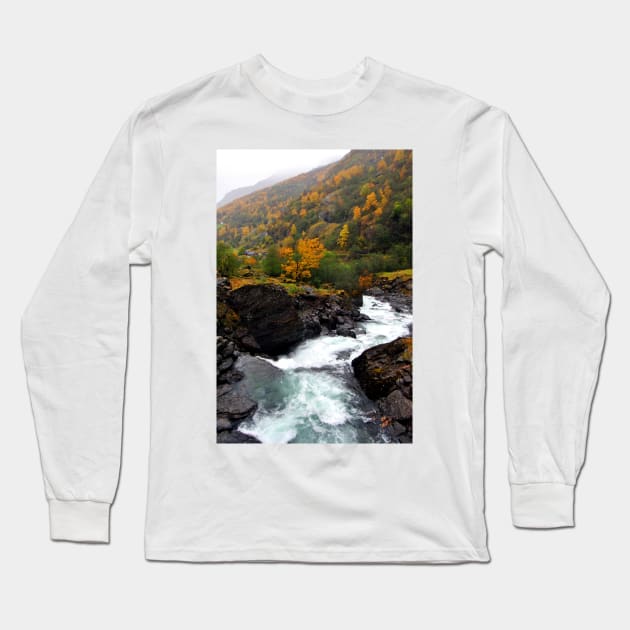 Waterfall Flamsdalen Valley Flam Norway Long Sleeve T-Shirt by AndyEvansPhotos